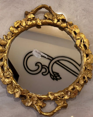 Gilded Leaf Accent Decorative Serving Tray | Antique Gold Vanity and Tabletop Tray with Handles