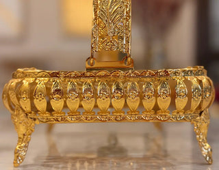 Gilded Filigree Royal Decorative Basket | Antique Gold Tabletop Centerpiece with Arched Handle & Crystal Flower Accents