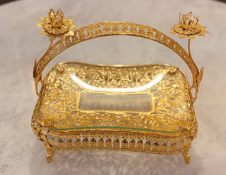 Gilded Filigree Royal Decorative Basket | Antique Gold Tabletop Centerpiece with Arched Handle & Crystal Flower Accents