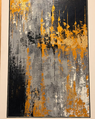 Golden Drips and Monotone Abstract Textured Wall Art | Modern Mixed Media Canvas Painting with Wooden Frame