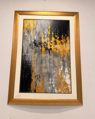 Golden Drips and Monotone Abstract Textured Wall Art | Modern Mixed Media Canvas Painting with Wooden Frame