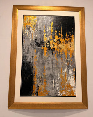 Golden Drips and Monotone Abstract Textured Wall Art | Modern Mixed Media Canvas Painting with Wooden Frame