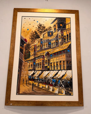 Heritage Architectural Street Scene Canvas Painting | Traditional Cultural Cityscape Wall Art with Golden Frame