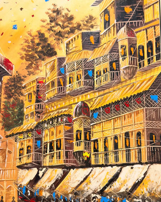 Heritage Architectural Street Scene Canvas Painting | Traditional Cultural Cityscape Wall Art with Golden Frame