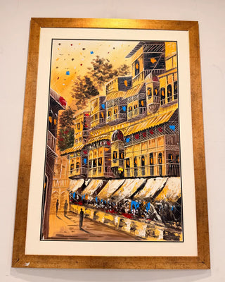 Heritage Architectural Street Scene Canvas Painting | Traditional Cultural Cityscape Wall Art with Golden Frame