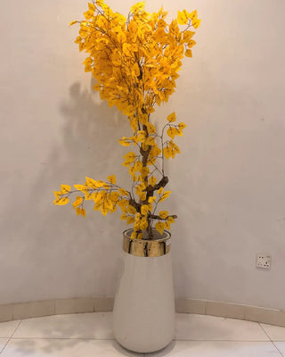 Radiant Yellow Blossom Tall Floor Plant | Luxury Artificial Floral Arrangement in Textured White & Gold Vase