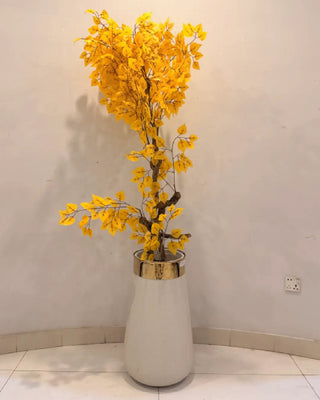 Radiant Yellow Blossom Tall Floor Plant | Luxury Artificial Floral Arrangement in Textured White & Gold Vase