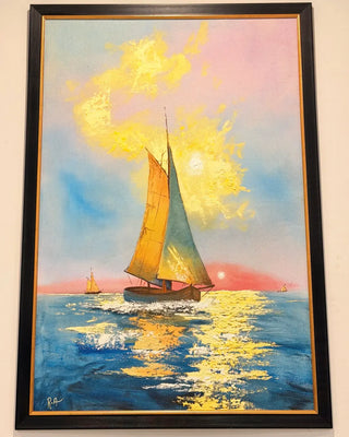 Sunset Sailboat Framed Wall Art | Coastal Seascape Canvas Painting