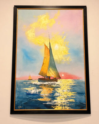 Sunset Sailboat Framed Wall Art | Coastal Seascape Canvas Painting
