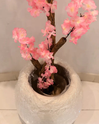 Artificial Blossom Cherry Tree in White Round Pot | Decorative Indoor Plant