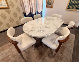 6 Seater Marble Top Dining Set with Elegant Upholstered Chairs