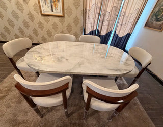6 Seater Marble Top Dining Set with Elegant Upholstered Chairs