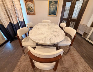 6 Seater Marble Top Dining Set with Elegant Upholstered Chairs