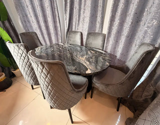 Modern 6-Seater Round Dining Set | Black Marble Sheet Top with Luxury Tufted Chairs –