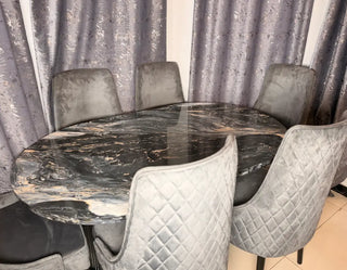 Modern 6-Seater Round Dining Set | Black Marble Sheet Top with Luxury Tufted Chairs –