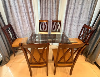 6-Seater Modern Glass Top Dining Table Set with Upholstered Chairs