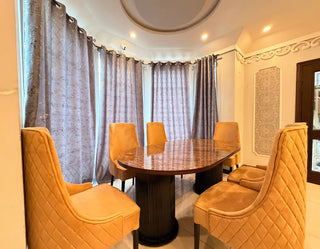 Luxury Oval Dining Table Set | Fluted Double-Pedestal Base with Quilted Velvet Dining Chairs