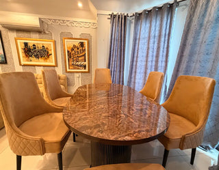 Luxury Oval Dining Table Set | Fluted Double-Pedestal Base with Quilted Velvet Dining Chairs