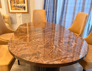 Luxury Oval Dining Table Set | Fluted Double-Pedestal Base with Quilted Velvet Dining Chairs