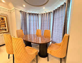 Luxury Oval Dining Table Set | Fluted Double-Pedestal Base with Quilted Velvet Dining Chairs