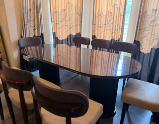 Modern Curved-Back Dining Set | High-Gloss Oval Table with Upholstered Chairs