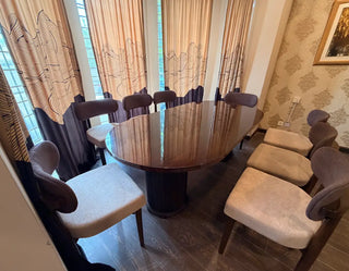 Modern Curved-Back Dining Set | High-Gloss Oval Table with Upholstered Chairs