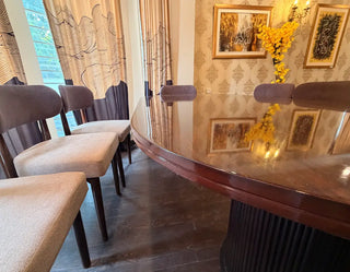 Modern Curved-Back Dining Set | High-Gloss Oval Table with Upholstered Chairs