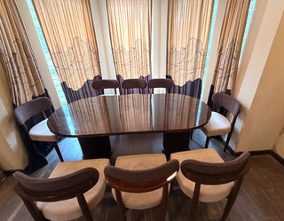Modern Curved-Back Dining Set | High-Gloss Oval Table with Upholstered Chairs