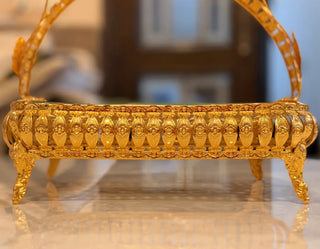 Gilded Filigree Royal Decorative Basket | Antique Gold Tabletop Centerpiece with Arched Handle & Crystal Flower Accents