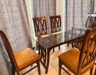 6-Seater Modern Glass Top Dining Table Set with Upholstered Chairs