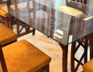 6-Seater Modern Glass Top Dining Table Set with Upholstered Chairs