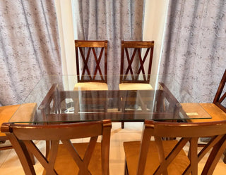 6-Seater Modern Glass Top Dining Table Set with Upholstered Chairs