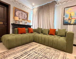 Modern Fluted 6 Seater L-Shape Sectional Sofa (Olive Green & Orange)