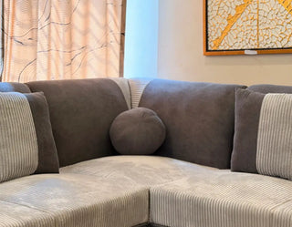 Modern 7-Seater L-Shape Sectional Sofa with Dual-Tone Fabric and Wood Trim Armrests