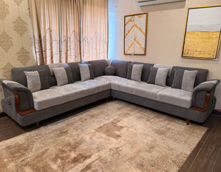Modern 7-Seater L-Shape Sectional Sofa with Dual-Tone Fabric and Wood Trim Armrests