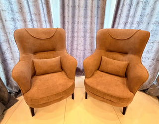 Luxury Wingback Accent Chairs | Caramel Brown Velvet Armchairs with Lumbar Pillows