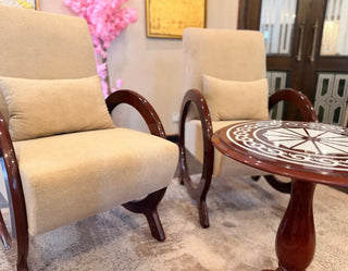 Luxury Curved Arm Accent Chair Set with Round Pedestal Table | Living Room Lounge Set