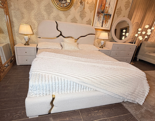 Luxury Boucle Bed with Golden Accent