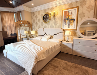 Luxury Boucle Bed with Golden Accent
