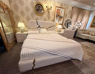 Luxury Boucle Bed with Golden Accent