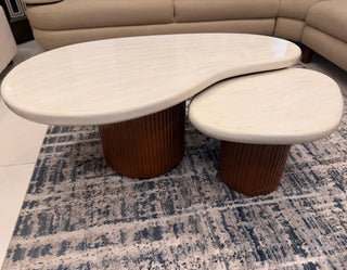 Modern Nested Kidney-Shaped Coffee Table Set with Fluted Wooden Bases