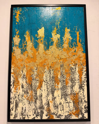 Vibrant Teal, Gold & White Textured Abstract Canvas Art