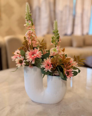 Pink Floral Table Centerpiece in White Pot | Artificial Flower Arrangement for Home Decor
