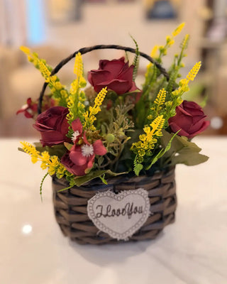 I Love You" Red Rose Floral Gift Basket | Table Decor