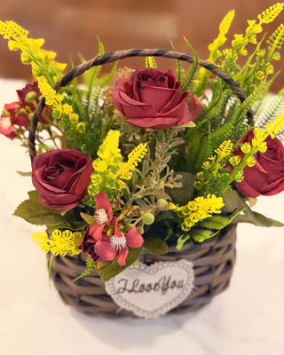 I Love You" Red Rose Floral Gift Basket | Table Decor