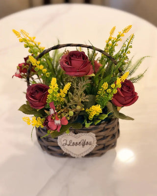 I Love You" Red Rose Floral Gift Basket | Table Decor