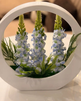 Artificial Blue Floral Arrangement in Geometric White Ring Pot